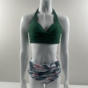 Tempt Me Bikini Set Womens Small Green Halter Top High Waist Floral Bottoms Swim